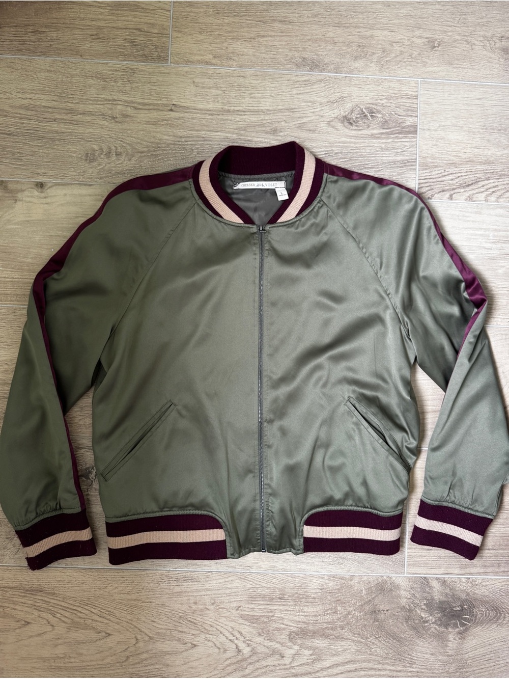 Chelsea & Violet Olive Green Satin Bomber Jacket with Maroon Trim